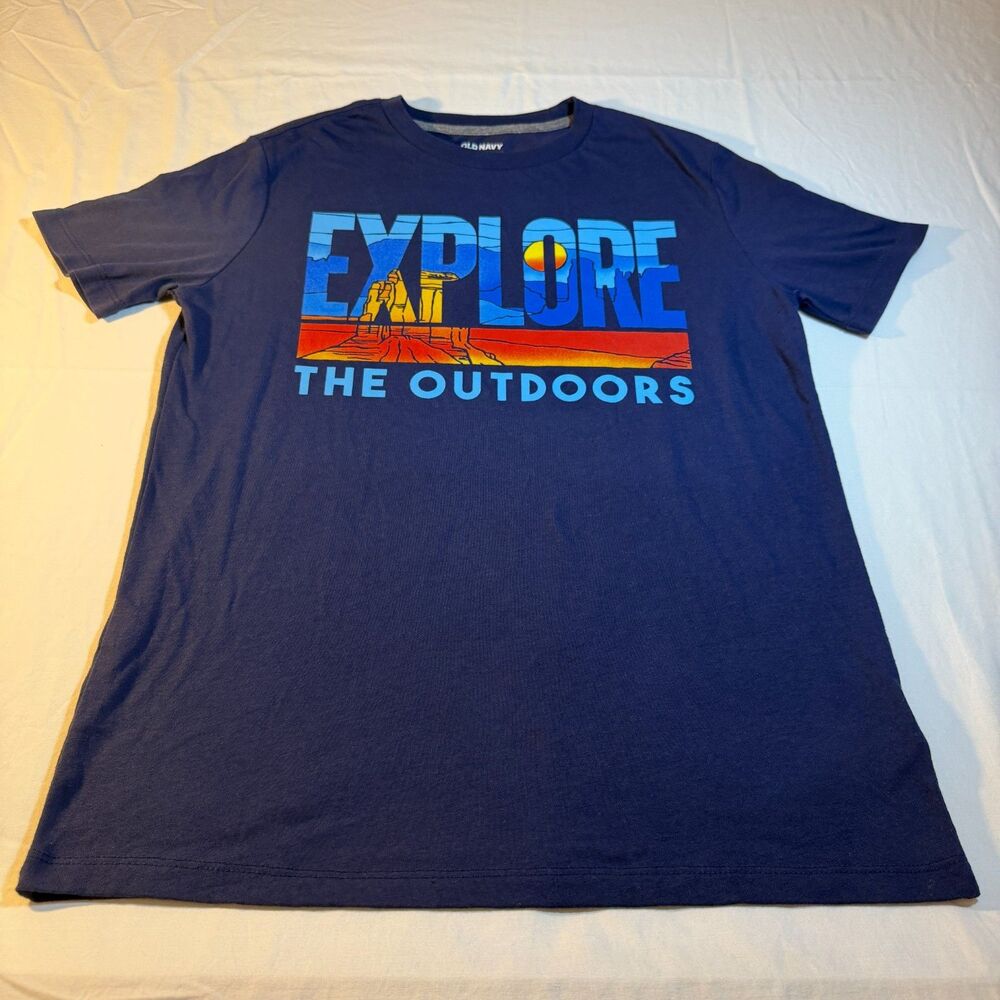 Old Navy XL Explore The Outdoors Graphic Tee Men Navy Blue Cotton Hiking Shirt